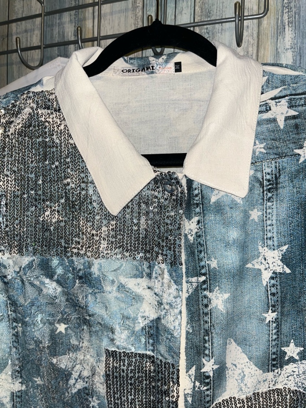 Origami Medium Sequin Star Denim and Lace Long Tunic - Picture 3 of 12